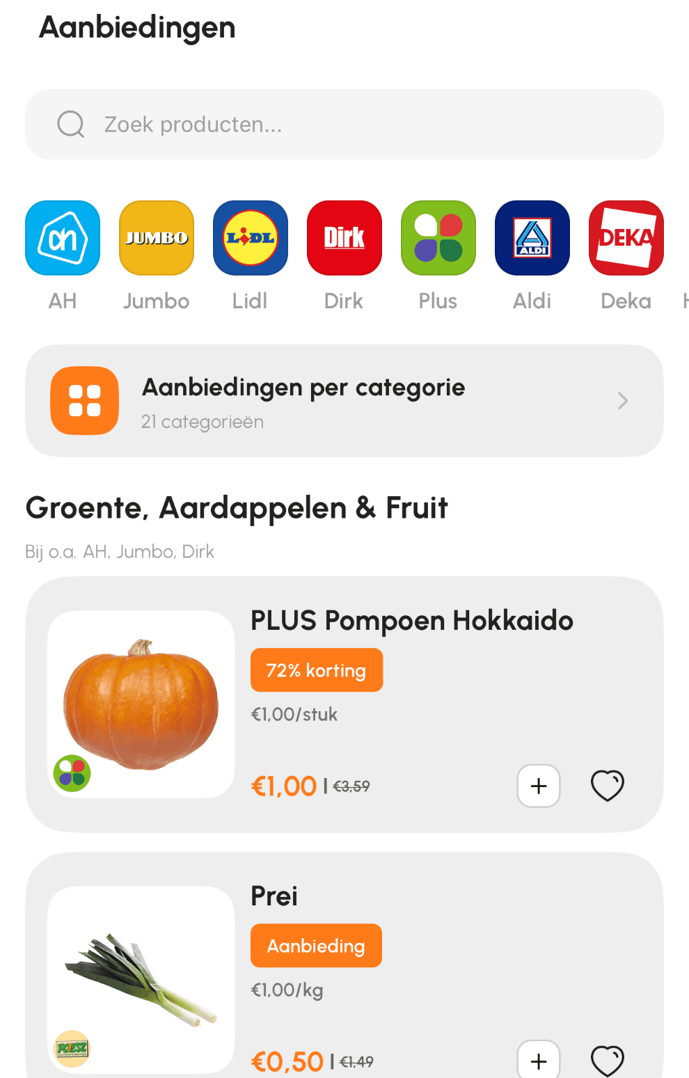 De aanbiedingen in de Mandje-app, per supermarkt en per categorie