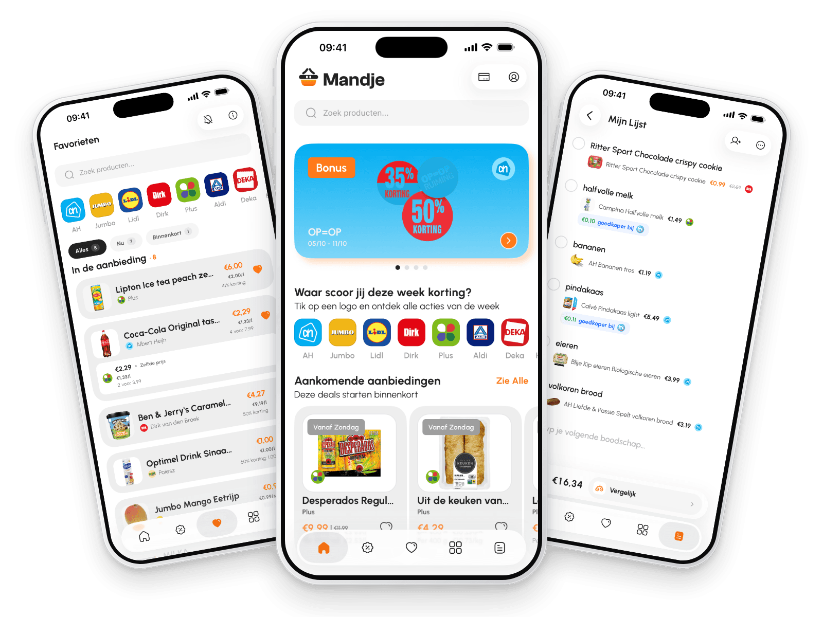 Drie schermen van de Mandje-app: favorieten in de aanbieding, het homescherm met de aanbiedingen van de week en een boodschappenlijst met de prijzen erbij