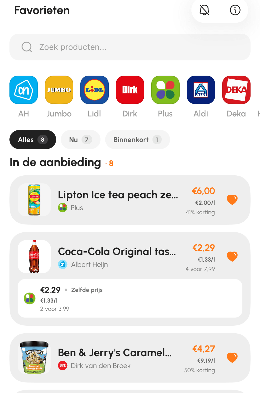 Favoriete producten in de Mandje-app die nu in de aanbieding zijn