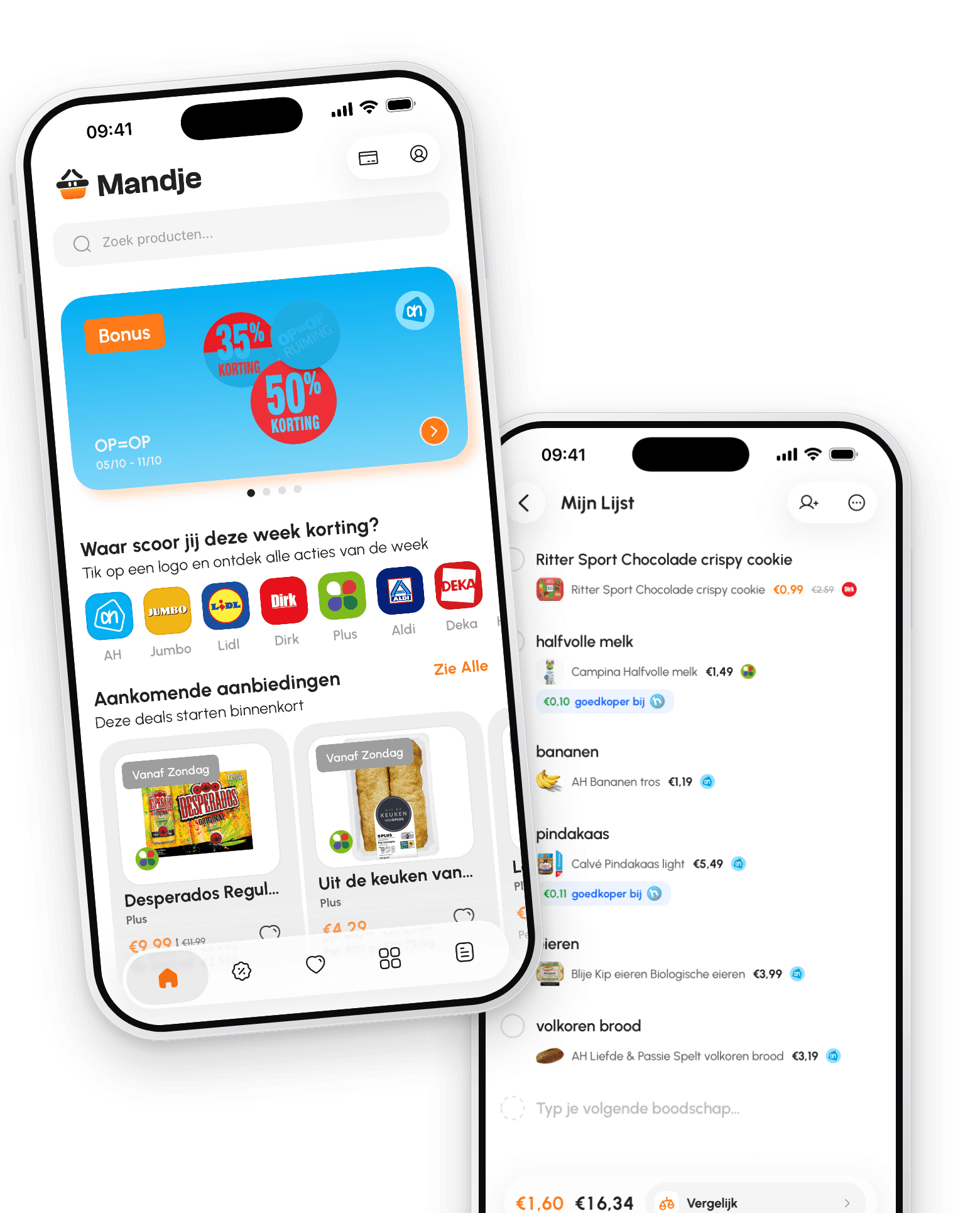 De Mandje-app op twee telefoons: het homescherm met de aanbiedingen van de week en een boodschappenlijst met de prijzen erbij