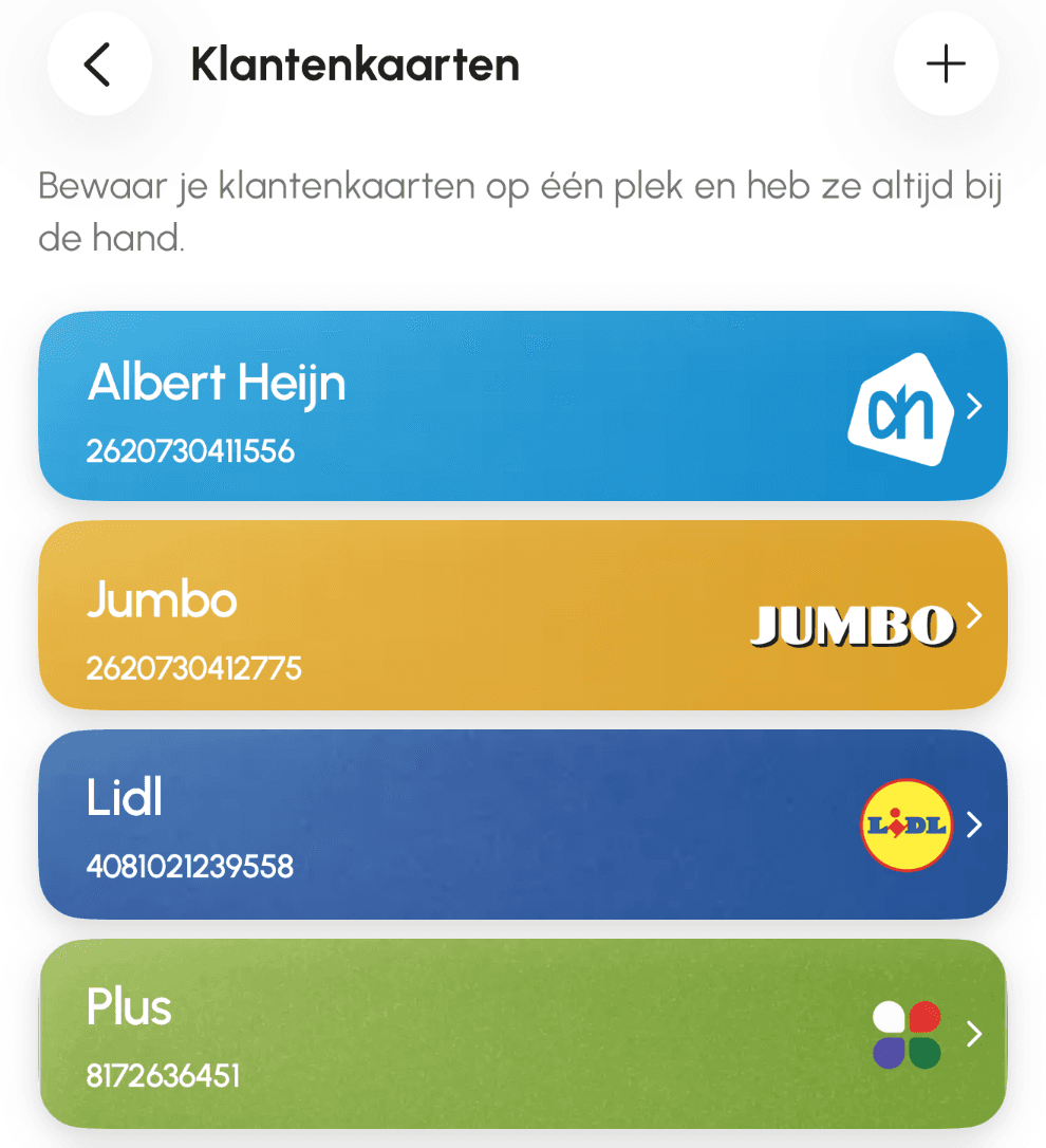 Klantenkaarten van Albert Heijn, Jumbo, Lidl en Plus in Mandje