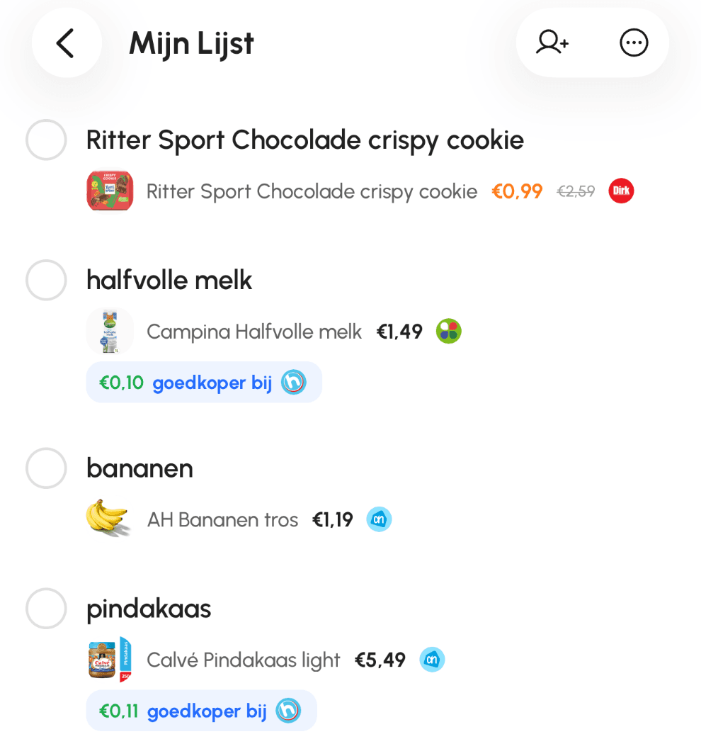 Een boodschappenlijst in Mandje, met bij elke regel het product, de prijs en waar het goedkoper is