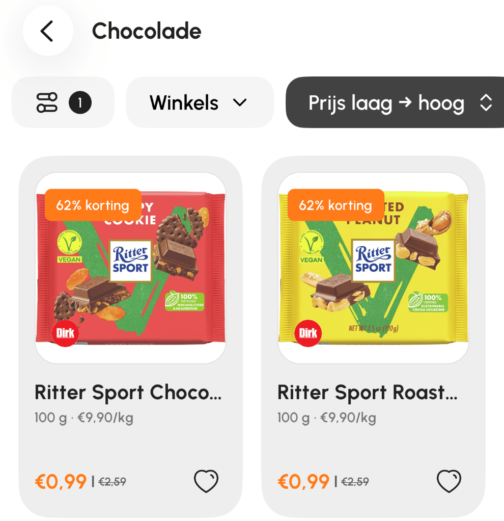 Chocolade-aanbiedingen in Mandje, met de prijs per kilo bij elk product