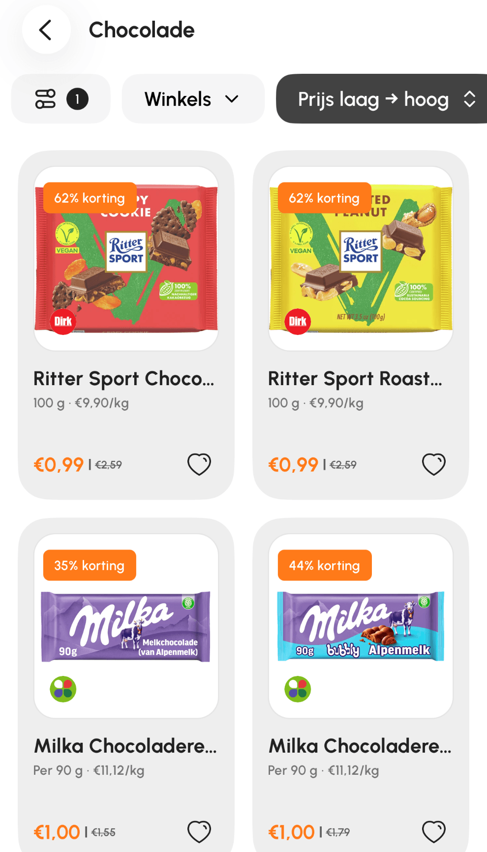 Chocolade-aanbiedingen in Mandje, met de prijs per kilo bij elk product