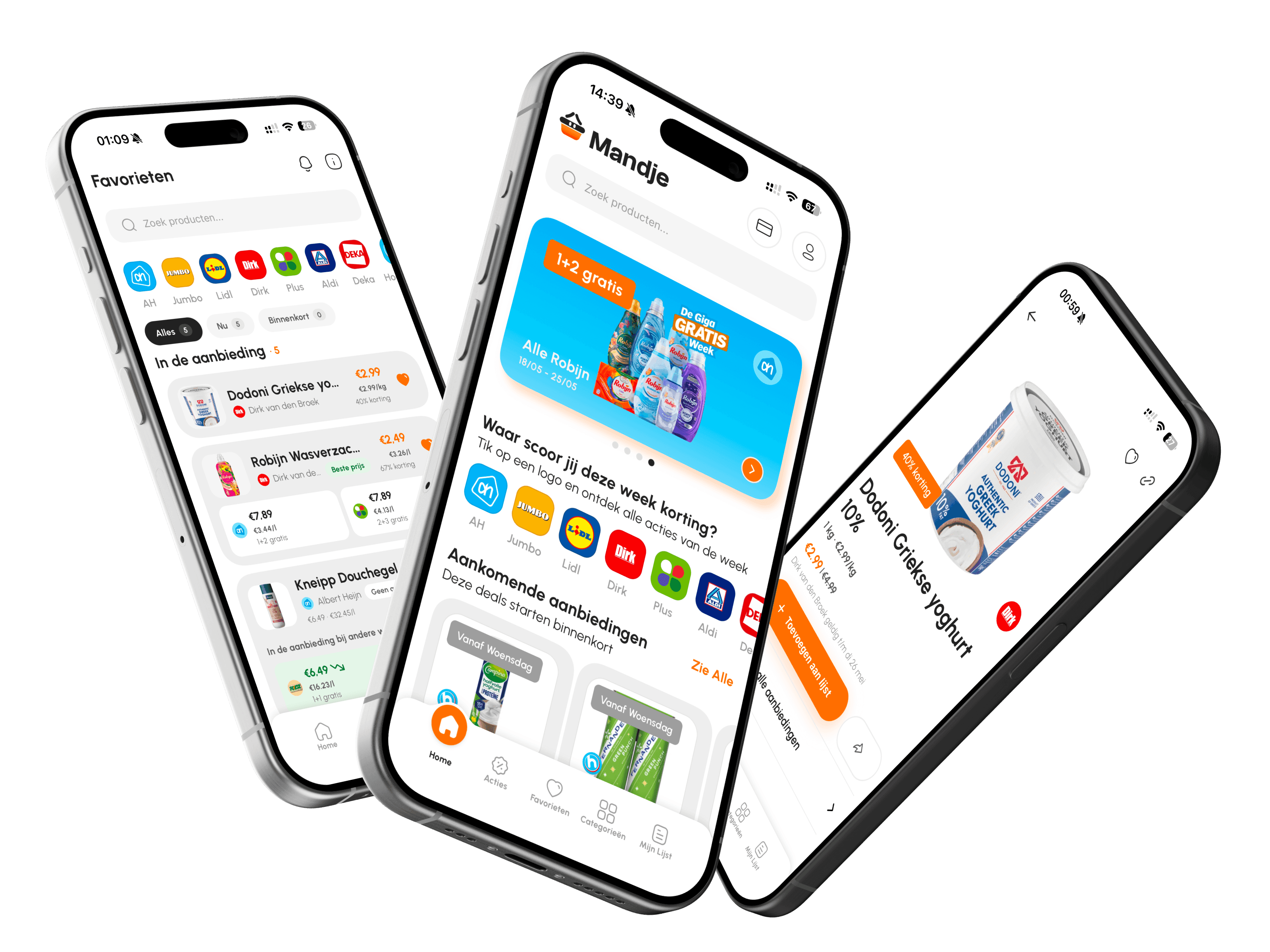 Drie schermen van de Mandje-app: favorieten, de aanbiedingen van de week en een product met prijs per kilo